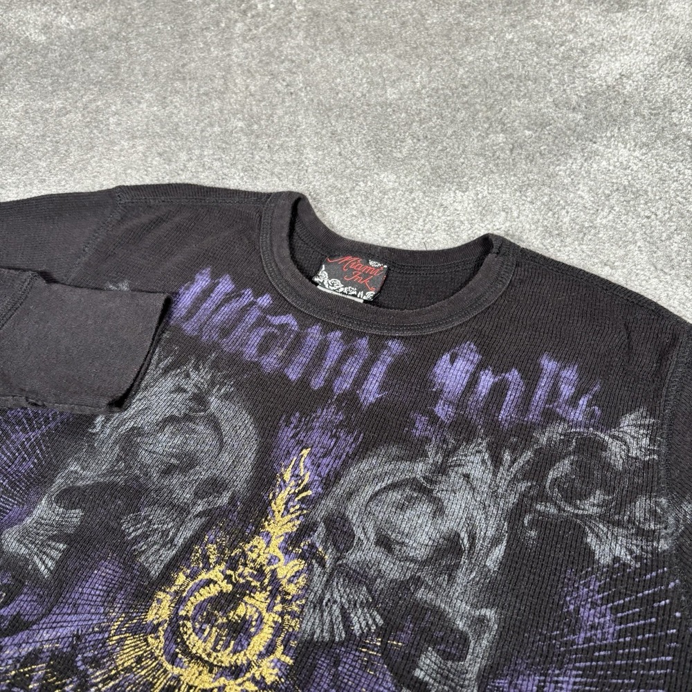 Y2K Miami Ink Shirt Mens L Black Thermal Waffle Knit Long Sleeve Skull Tattoo